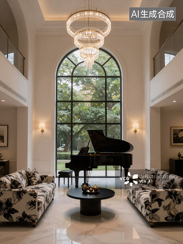 【AI数字艺术】现代别墅客厅钢琴装饰设计图片素材