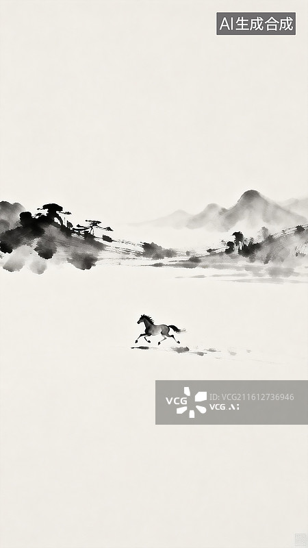 【AI数字艺术】2026年马年新年午马山水装饰风格企业金融互联网元旦春节水墨插画图片素材