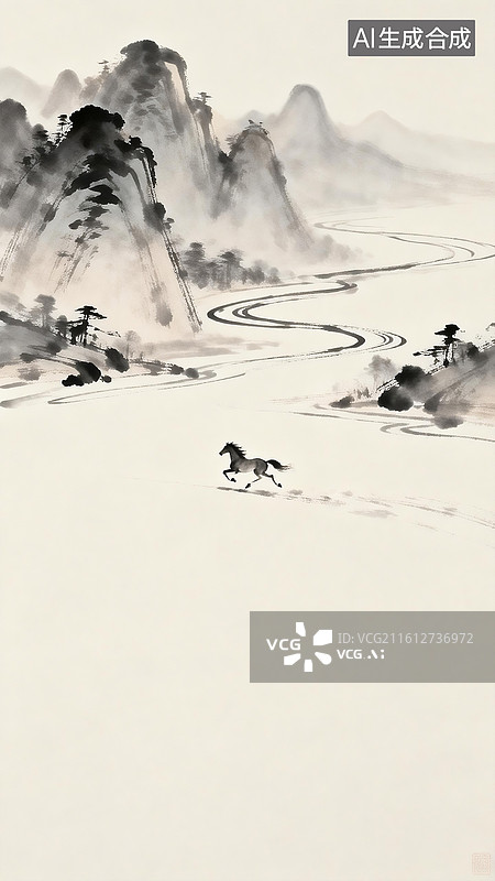 【AI数字艺术】2026年马年新年午马山水装饰风格企业金融互联网元旦春节水墨插画图片素材