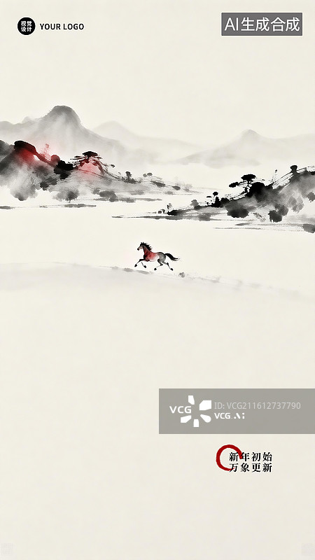 【AI数字艺术】2026年马年新年午马山水装饰风格企业金融互联网元旦春节水墨插画海报图片素材