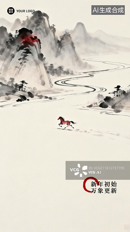 【AI数字艺术】2026年马年新年午马山水装饰风格企业金融互联网元旦春节水墨插画海报图片素材