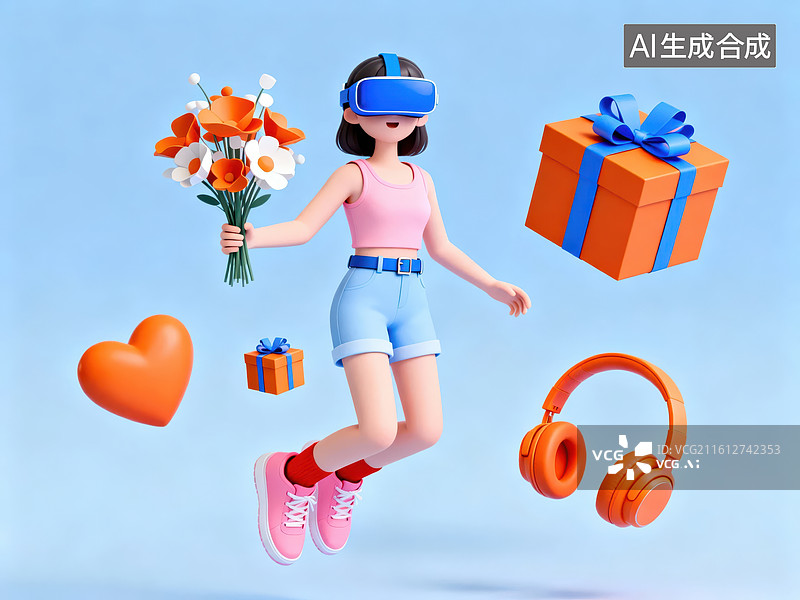 【AI数字艺术】佩戴VR设备的女孩与礼物图片素材