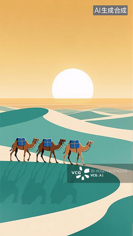 【AI数字艺术】沙漠里的骆驼队图片素材