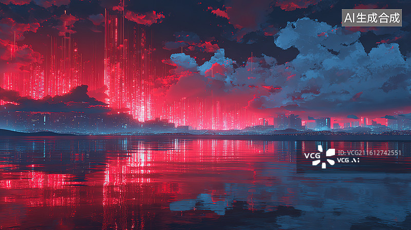 【AI数字艺术】红色极光映照湖面夜景图片素材