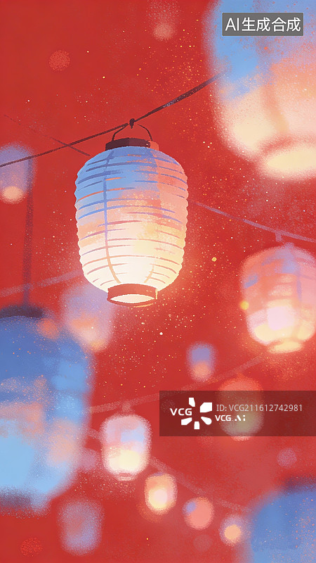 【AI数字艺术】极简插画，虚实结合，模糊暖金颗粒肌理，红色背景，微光，隐约看出很多灯笼，有闪烁的烟花与祥云图片素材