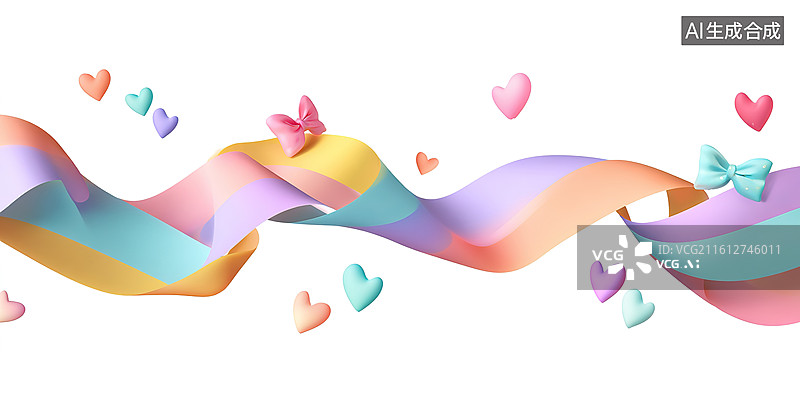 【AI数字艺术】彩色丝带与爱心飘动图片素材