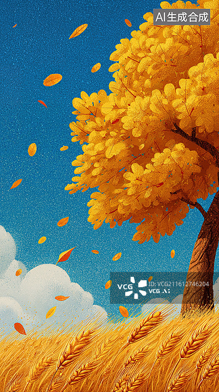 【AI数字艺术】秋日金黄树林与麦田图片素材