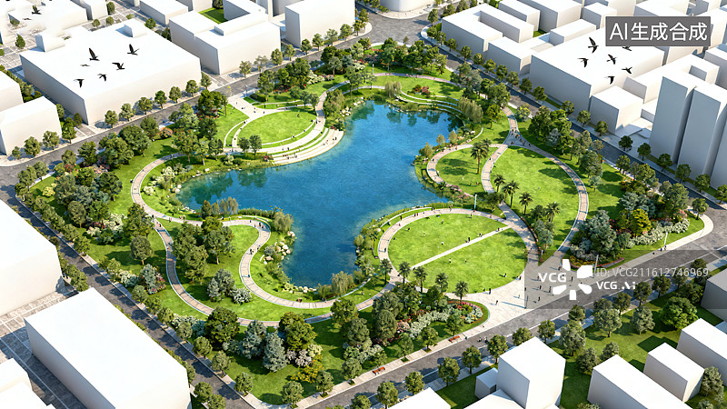 【AI数字艺术】城市环绕公园湖泊步道航拍景观场景图片素材
