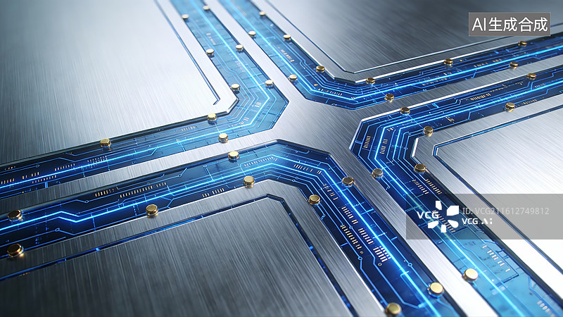【AI数字艺术】金属质感蓝色电路板背景图片素材