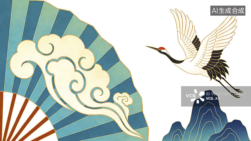 【AI数字艺术】仙鹤扇面山水图图片素材