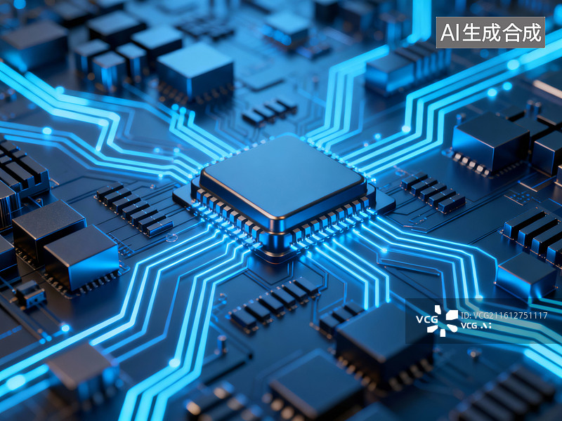 【AI数字艺术】电路板上的微芯片特写图片素材