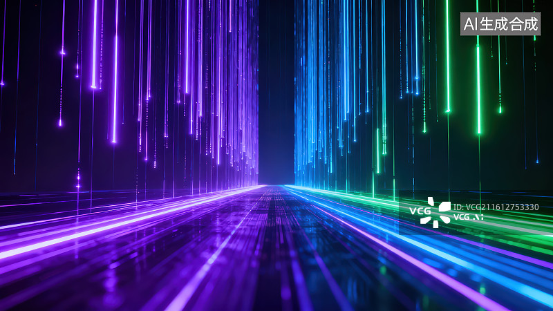 【AI数字艺术】霓虹灯赛博朋克蓝紫色太空科技风格发光线条全息图抽象背景图片素材
