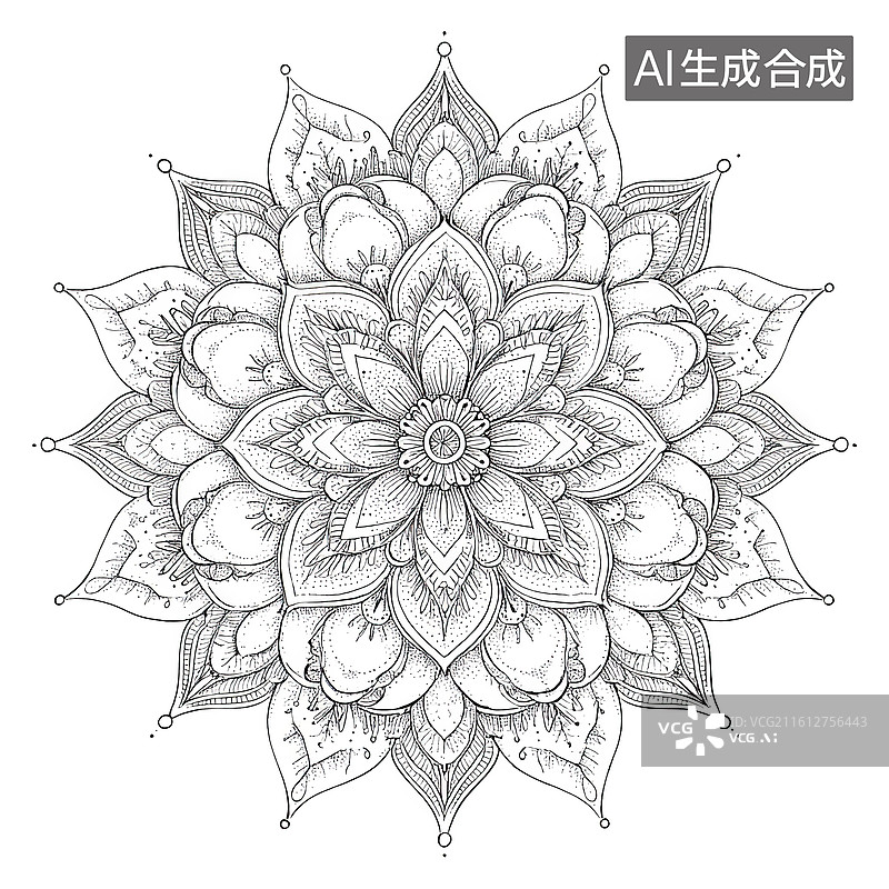 【AI数字艺术】黑白花卉曼陀罗图案图片素材