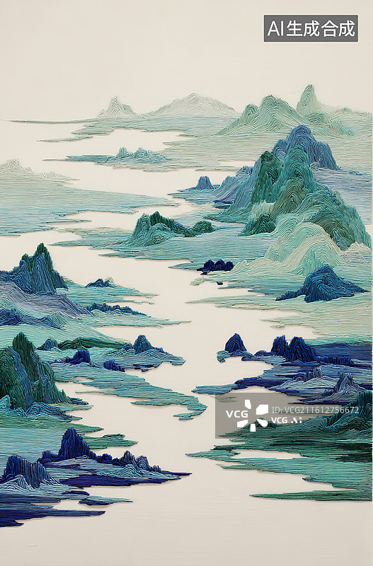 【AI数字艺术】山水画卷中的河流与山峦图片素材