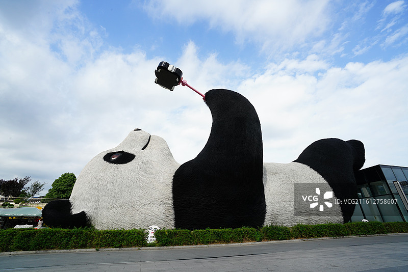 蓝天白云下成都都江堰市仰天窝广场巨型自拍熊猫雕塑图片素材