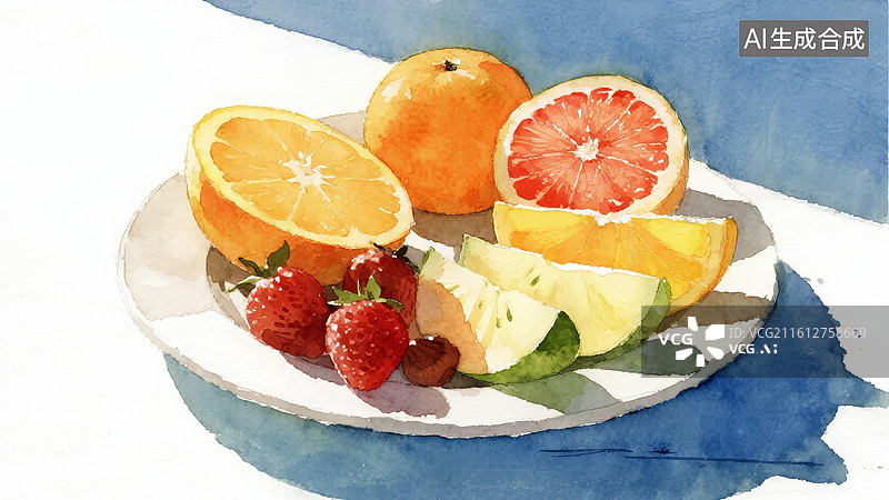 【AI数字艺术】水果拼盘水彩画图片素材