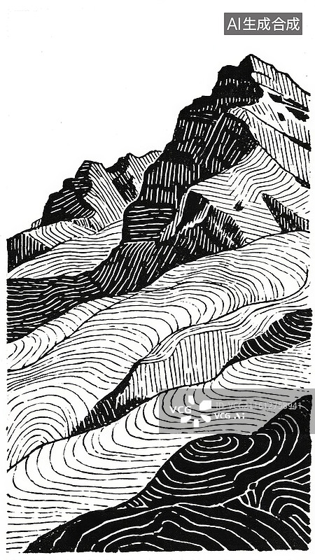 【AI数字艺术】黑白线条山川地貌图图片素材