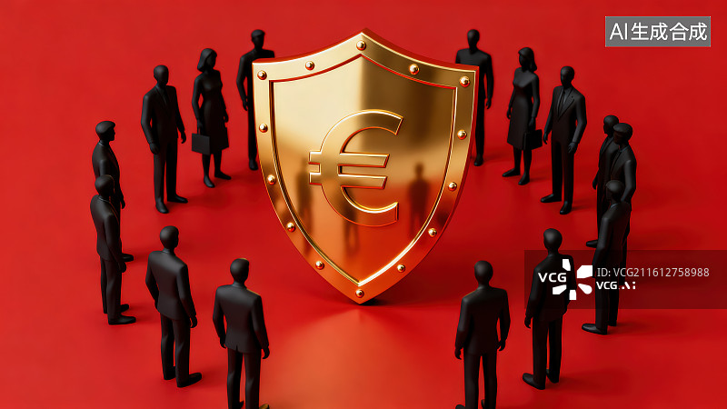 【AI数字艺术】红色背景下一群黑色商务小人模型围绕着一个金色带有欧元€符号的盾牌，金融投资理财安全防护概念图片素材
