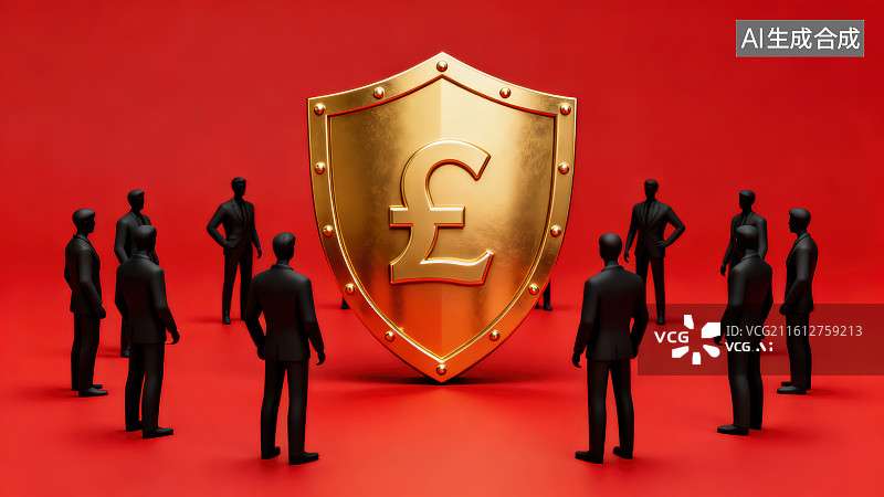 【AI数字艺术】红色背景下一群黑色商务小人模型围绕着一个金色带有英镑£符号的盾牌，金融投资理财安全防护概念图片素材