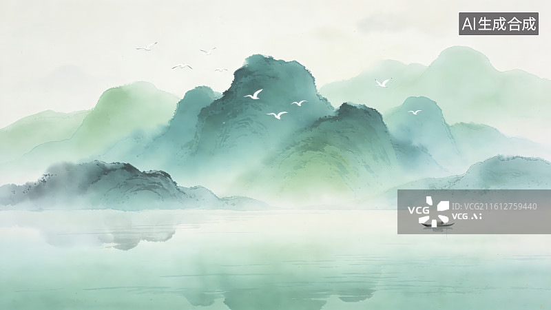【AI数字艺术】连绵起伏的山脉云雾缭绕的环境以及水面上的一叶扁舟中国传统山水画背景图片素材