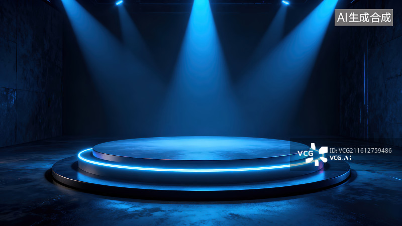 【AI数字艺术】多盏蓝色聚光灯下明亮的圆形舞台背景图片素材