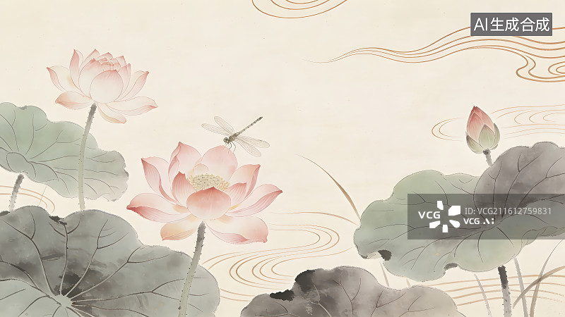 【AI数字艺术】古风水墨画国风荷花和蜻蜓，中国风水墨荷花风景山水画图片素材