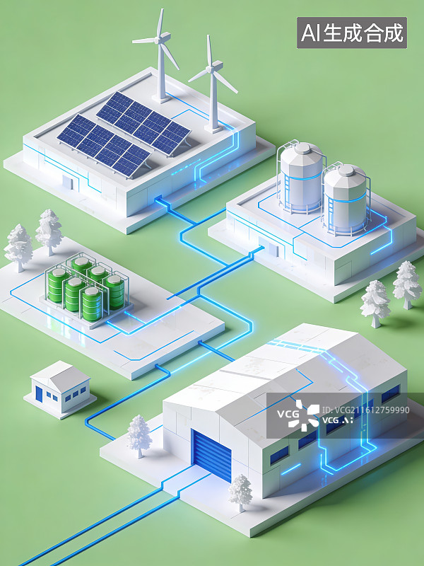 【AI数字艺术】浅绿色背景下风力发电能源储备系统沙盘，3D渲染新能源电力系统风电光伏储能电网绿色能源互联场景插画背景图片素材