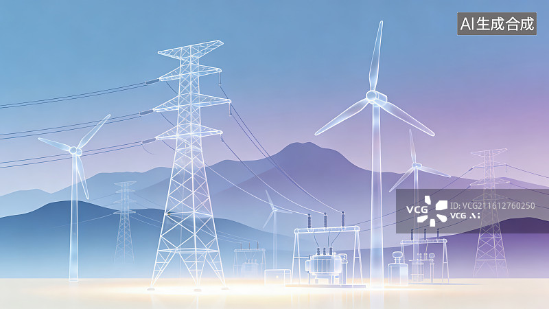 【AI数字艺术】浅蓝色渐变背景下的特高压电塔铁塔输电线和风力发电风车，未来可视化特高压输电电力电网用电智能调配概念图片素材