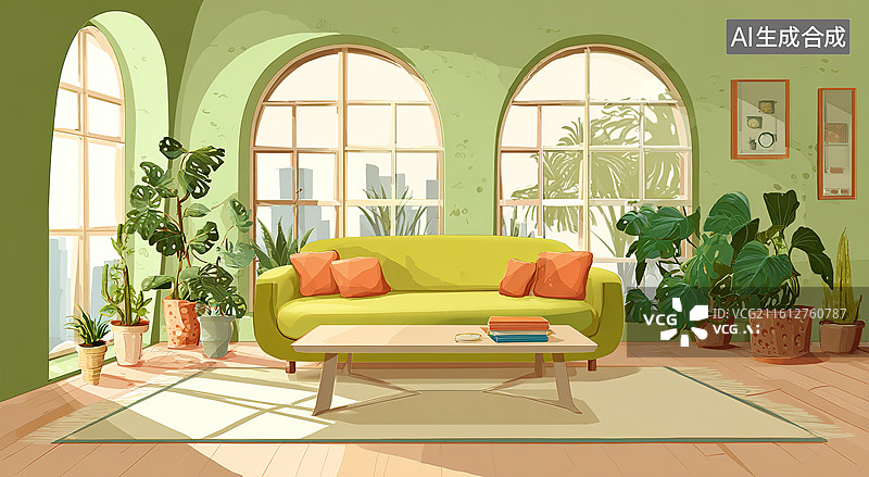 【AI数字艺术】明亮客厅绿植环绕图片素材