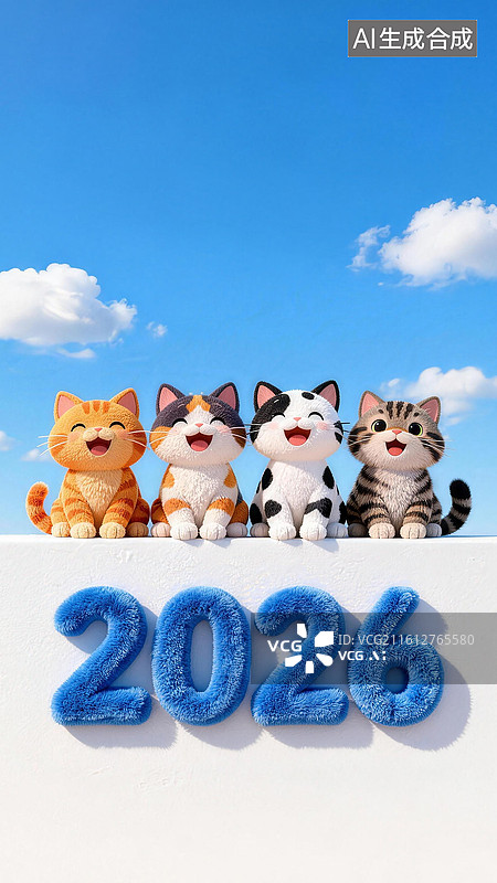 【AI数字艺术】3D毛绒猫咪迎春元旦新年春节数字2026壁纸插画图片素材