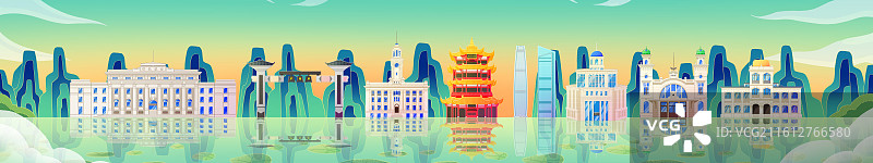 国潮风新中式绿色湖北武汉城市天际线旅游景点建筑图片素材