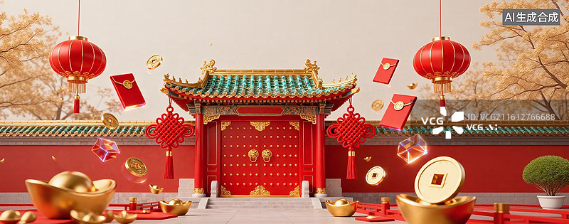 【AI数字艺术】电商平台春节喜庆节日营销背景建筑图片素材