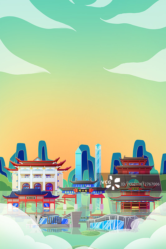 国潮风新中式绿色湖北武汉城市天际线旅游景点建筑图片素材