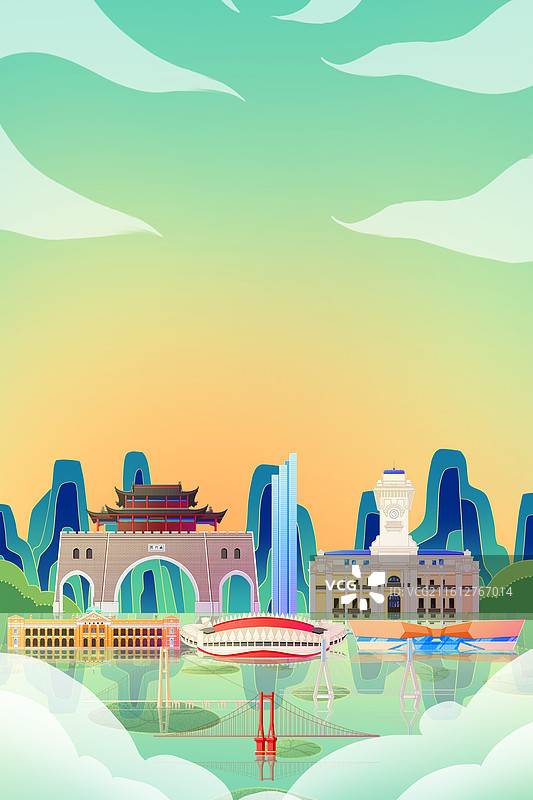 国潮风新中式绿色湖北武汉城市天际线旅游景点建筑图片素材