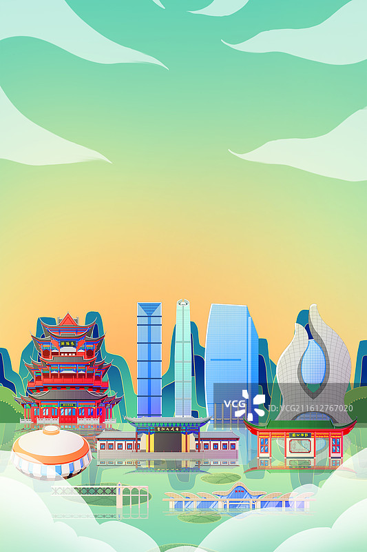 国潮风新中式绿色湖北武汉城市天际线旅游景点建筑图片素材