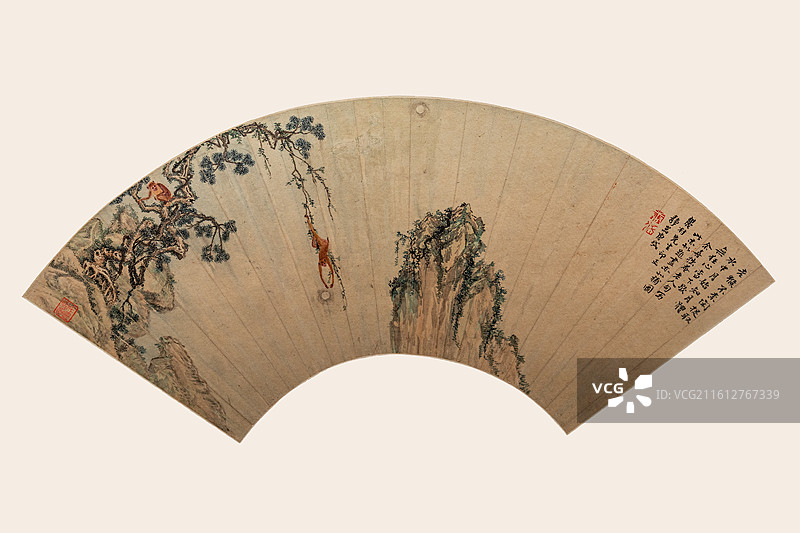 梦月松猿图扇页 纸本设色 清代 唐岱 上海博物馆图片素材