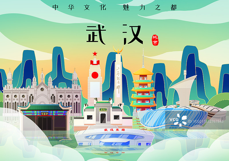 国潮风新中式绿色湖北武汉城市天际线旅游景点建筑图片素材