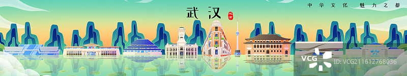 国潮风新中式绿色湖北武汉城市天际线旅游景点建筑图片素材