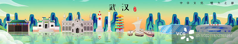 国潮风新中式绿色湖北武汉城市天际线旅游景点建筑图片素材