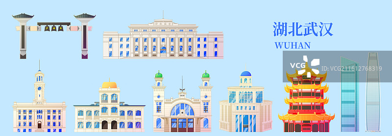 国潮风新中式蓝色湖北武汉城市天际线旅游景点建筑图片素材