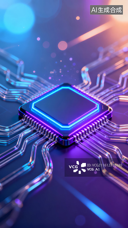 【AI数字艺术】发光电路板上的芯片特写图片素材