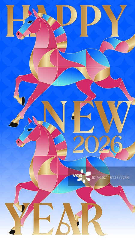 2026马年新年几何拼贴风红金蓝时尚风插画图片素材