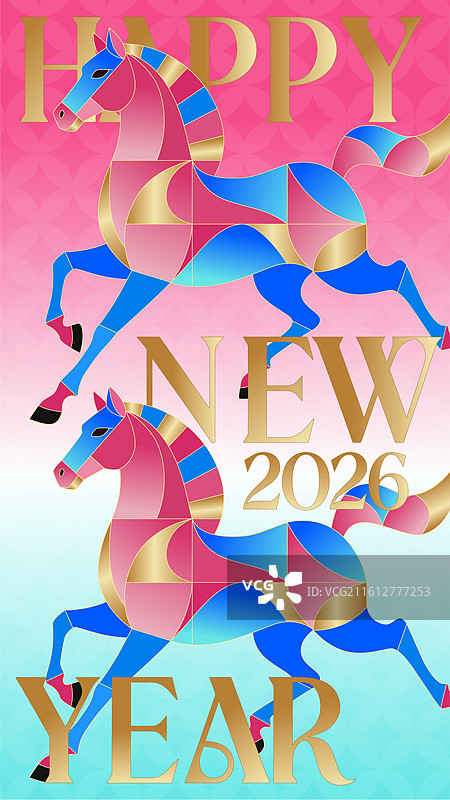 2026马年新年几何拼贴风红金蓝时尚风插画图片素材