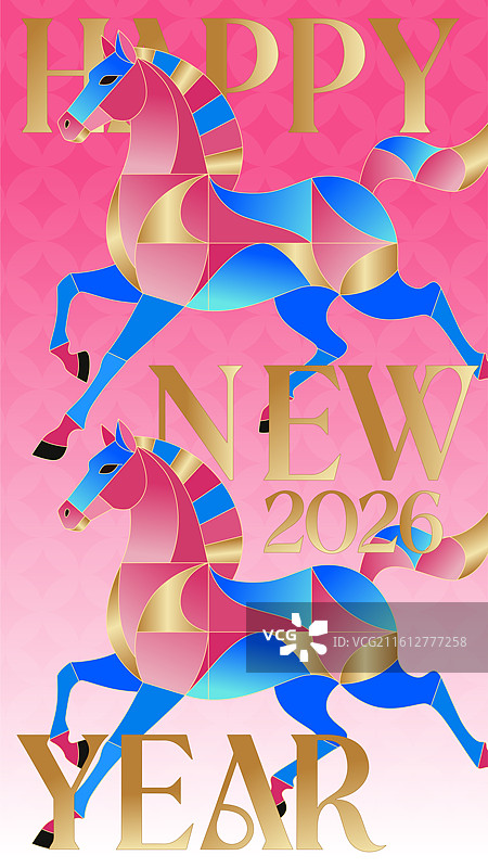 2026马年新年几何拼贴风红金蓝时尚风插画图片素材