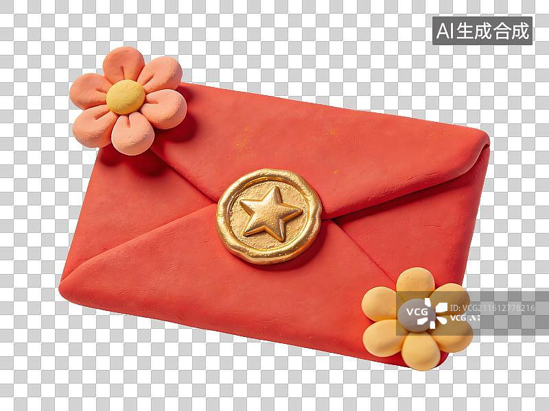 【AI数字艺术】3D卡通粘土红色花朵装饰信封图片素材