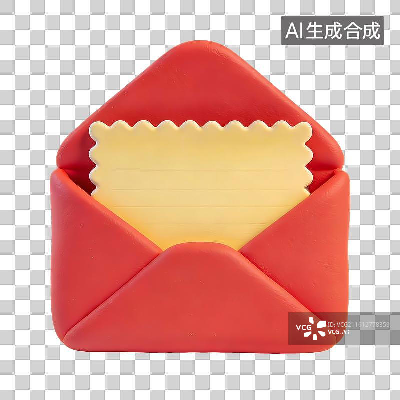 【AI数字艺术】3D卡通粘土打开的红色信封的信纸图片素材