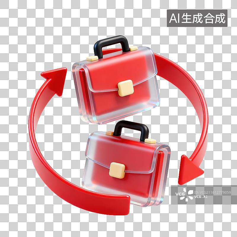 【AI数字艺术】3D磨砂玻璃材质公文包旁边循环箭头环绕工作流程循环元素图片素材