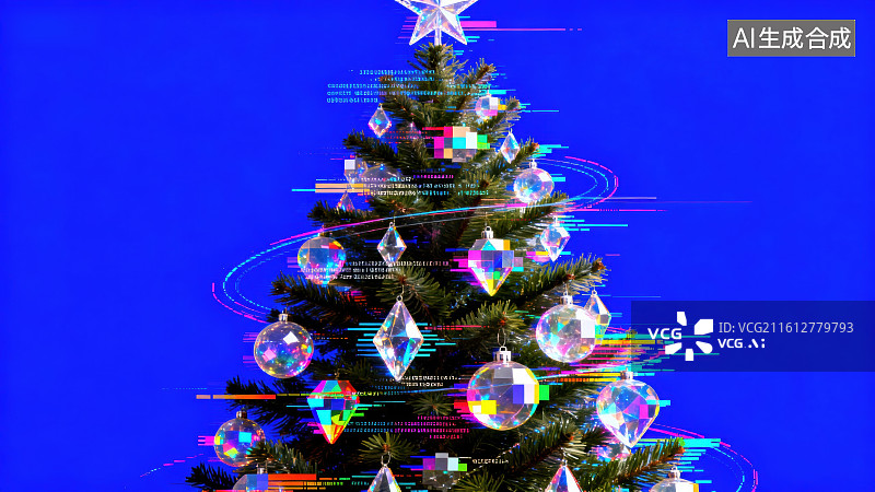 【AI数字艺术】蓝色背景下的装饰圣诞树图片素材