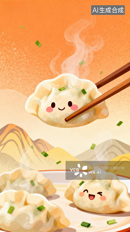 【AI数字艺术】卡通饺子被筷子夹起图片素材