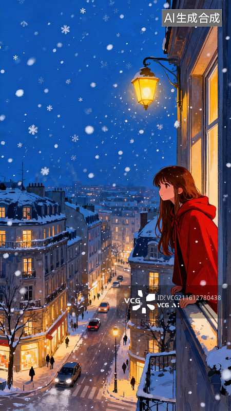 【AI数字艺术】雪夜窗边眺望城市图片素材